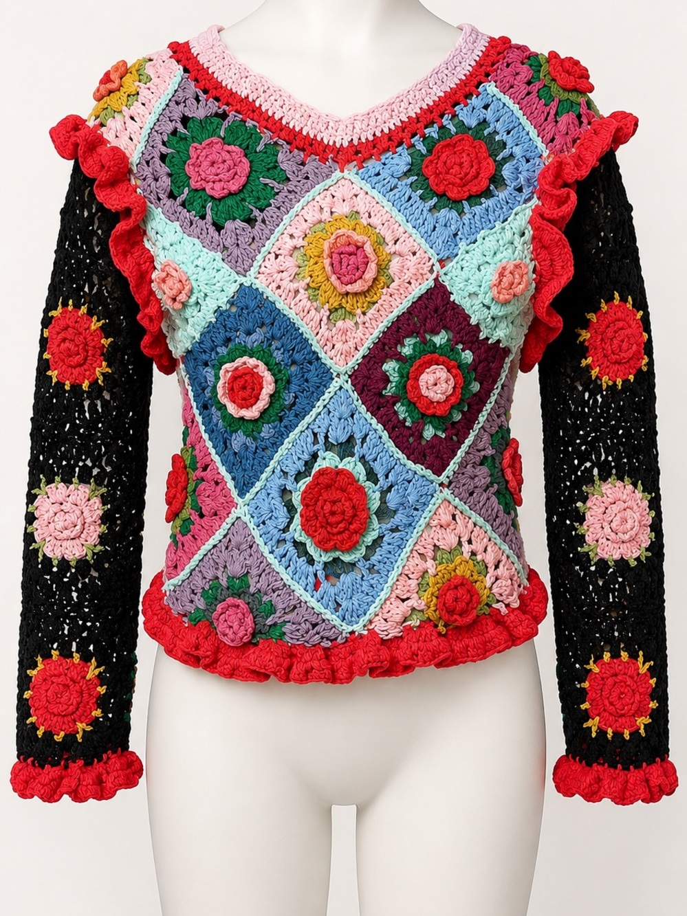 CeliaB Multicolor Crochet V-Neck Sweater with Red Ruffle Trim